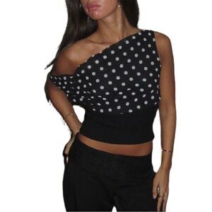 Black and White Polka Dot One-Shoulder Top